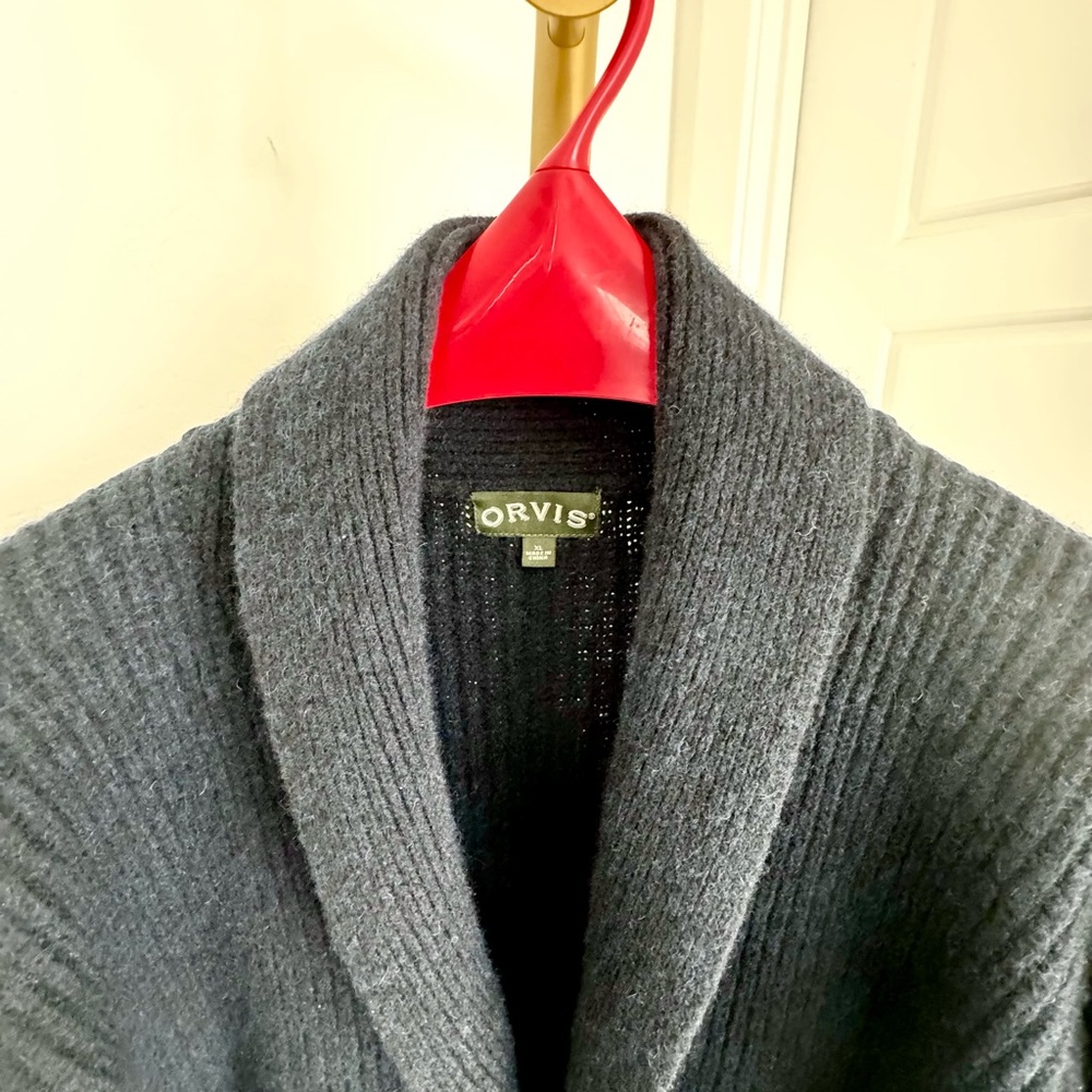 Men’s Grandpacore‎ Navy Blue Ribbed Wool Shawl Collar Cardigan Elbow Patch Sz XL - Picture 3 of 12